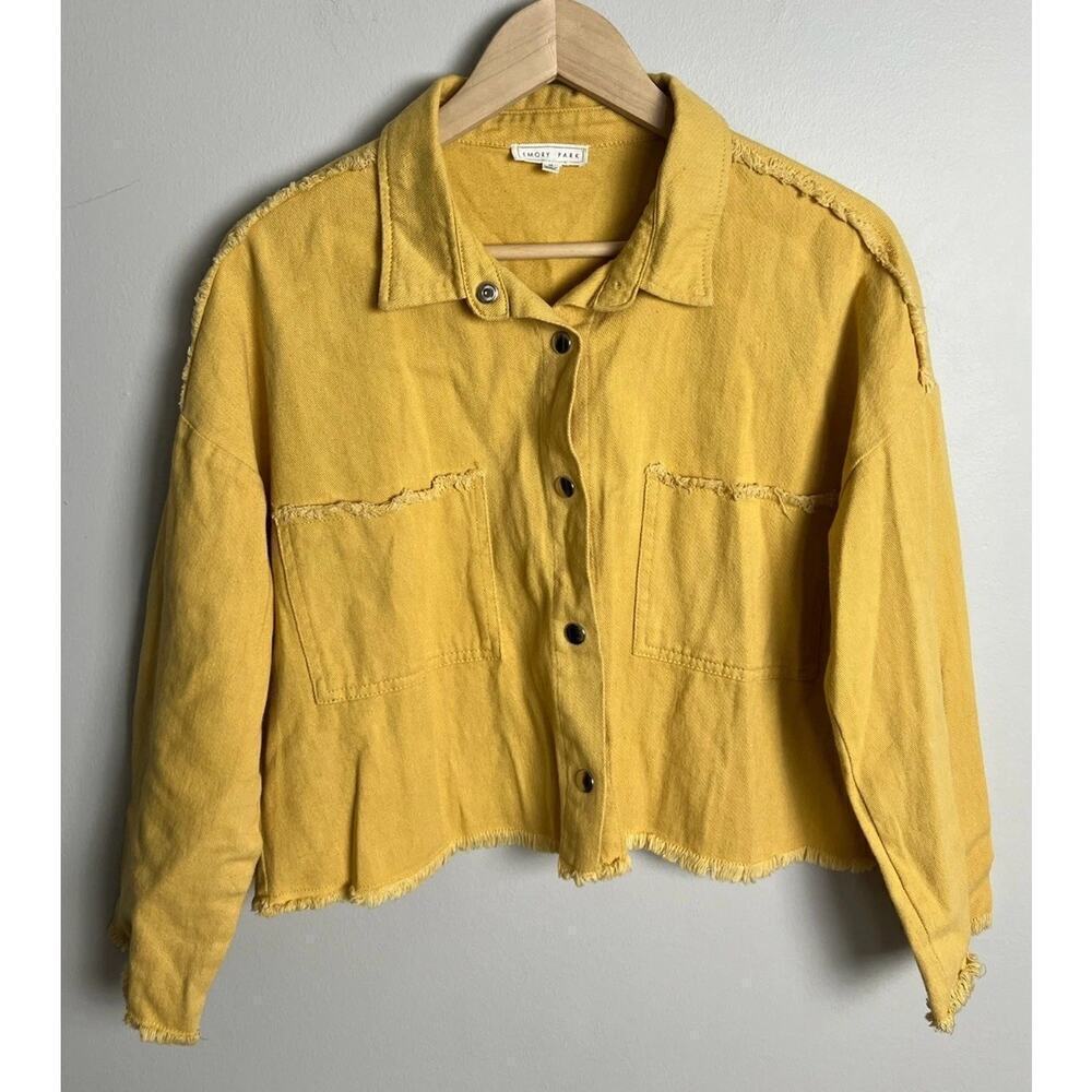 Emory Park Mustard Yellow Cropped Frayed Hem Utility Jacket Size Medium Women’s